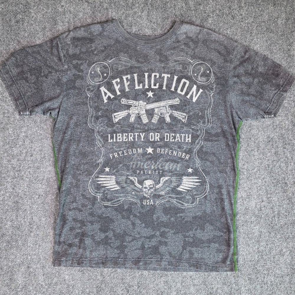 Affliction T-Shirt Mens L Gray Burnout Camo Liberty or Death Freedom Defender